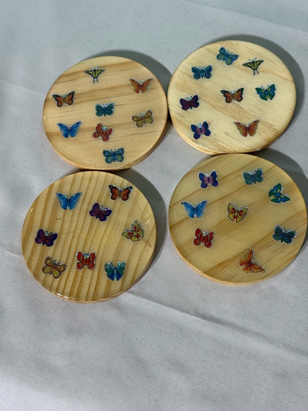Handmade Wood Coasters with Colorful Butterfly Decals - Set of 4
